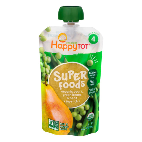 Happy Tot Organic Stage 4 Super Foods Pears, Peas, Green Beans & Super Chia - 4.22 OZ 16 Pack