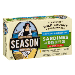Season No Salt Added Skinless & Boneless Sardines In Olive Oil - 4.375 OZ 12 Pack