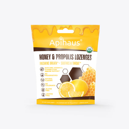 Vando Naturals Apihaus Honey and Propolis Organic Lozenges Lemon Flavor 20 pcs - 2.45 OZ 12 Pack