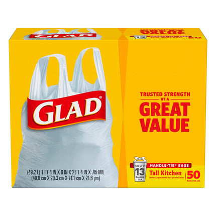 Glad 13 Gallon Tall Kitchen Handle-Tie Bags - 50 CT 4 Pack